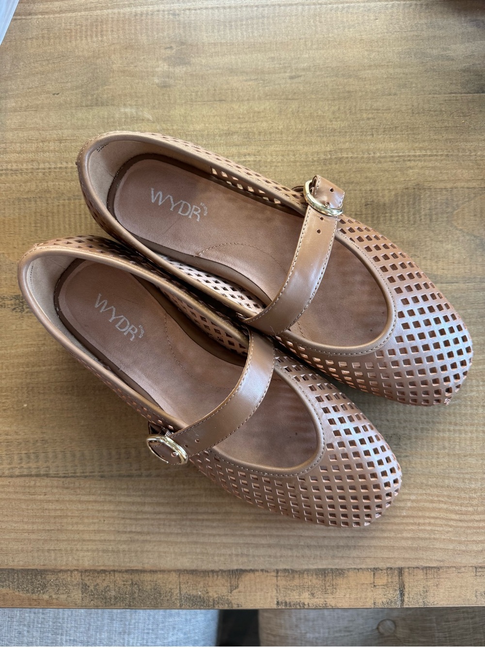 Perforated Tan Mary Jane Flats with Buckle